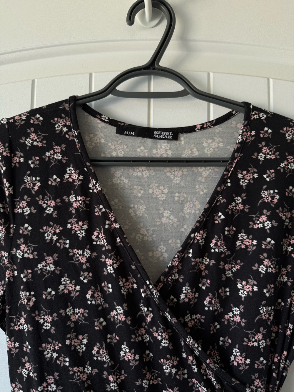 Black Ruffle Midi Dress with Light Pink Floral Print - Picture 2 of 8